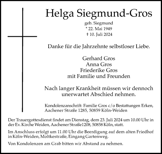 Anzeige von Helga Siegmund-Gros von Kölner Stadt-Anzeiger / Kölnische Rundschau / Express