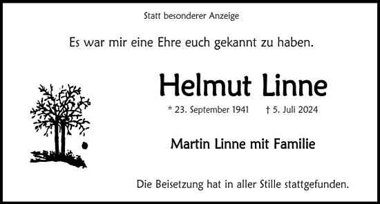 Anzeige von Helmut Linne von  Anzeigen Echo 