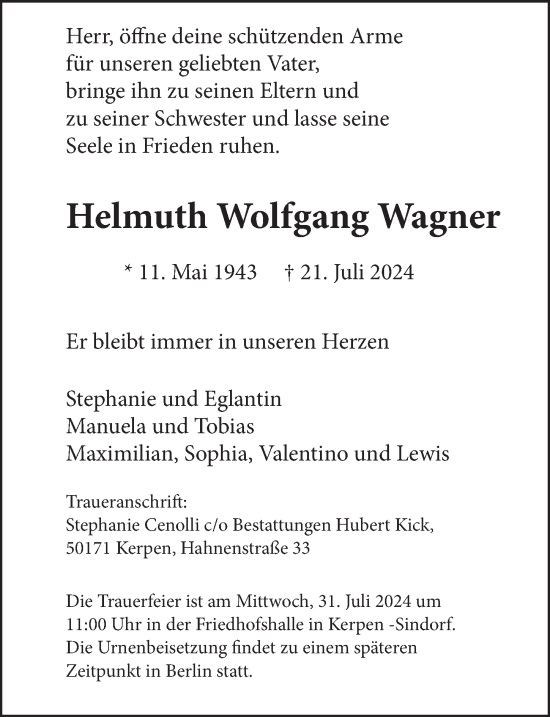 Anzeige von Helmuth Wolfgang Wagner von  Werbepost 