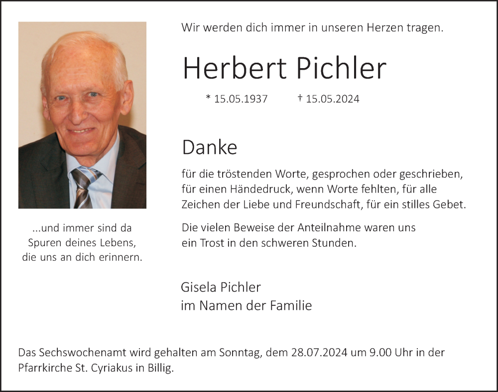  Traueranzeige für Herbert Pichler vom 13.07.2024 aus  Blickpunkt Euskirchen 