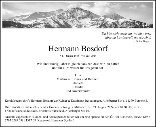 Anzeige von Hermann Bosdorf von Kölner Stadt-Anzeiger / Kölnische Rundschau / Express