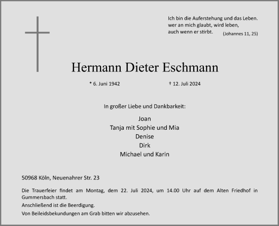 Anzeige von Hermann Eschmann von Kölner Stadt-Anzeiger / Kölnische Rundschau / Express