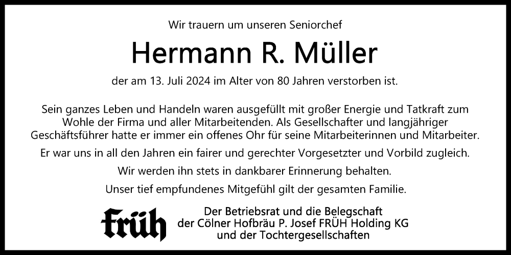  Traueranzeige für Hermann Müller vom 20.07.2024 aus Kölner Stadt-Anzeiger / Kölnische Rundschau / Express