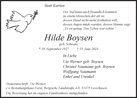 Anzeige von Hilde Boysen von  Lokale Informationen 