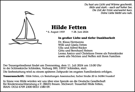 Anzeige von Hilde Fetten von Kölner Stadt-Anzeiger / Kölnische Rundschau / Express
