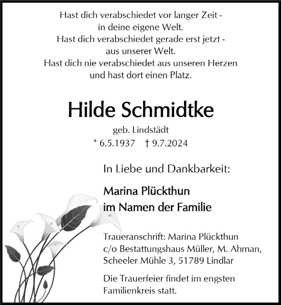 Anzeige von Hilde Schmidtke von  Anzeigen Echo 