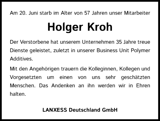 Anzeige von Holger Kroh von Kölner Stadt-Anzeiger / Kölnische Rundschau / Express
