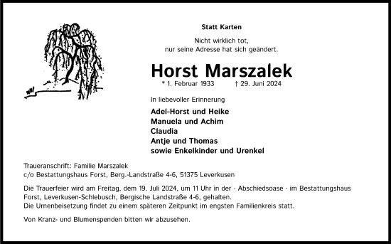 Anzeige von Horst Marszalek von Kölner Stadt-Anzeiger / Kölnische Rundschau / Express