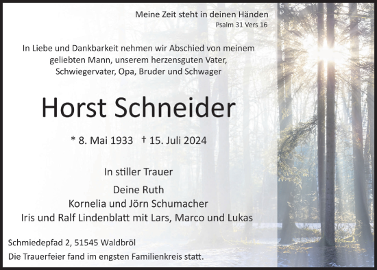 Anzeige von Horst Schneider von  Lokalanzeiger 