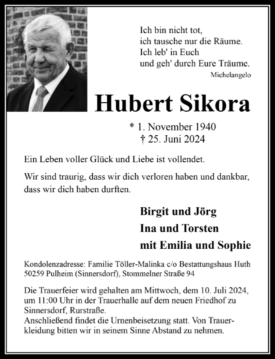 Anzeige von Hubert Sikora von  Wochenende 