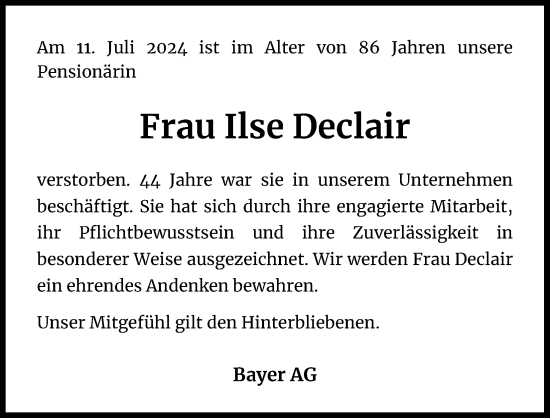 Anzeige von Ilse Declair von Kölner Stadt-Anzeiger / Kölnische Rundschau / Express