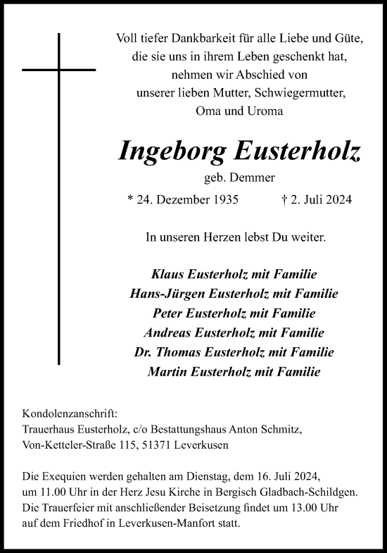 Anzeige von Ingeborg Eusterholz von Kölner Stadt-Anzeiger / Kölnische Rundschau / Express