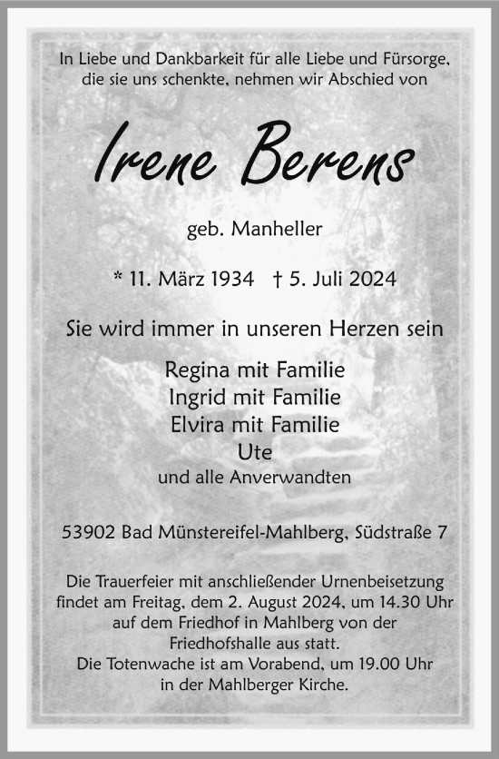 Anzeige von Irene Berens von  Blickpunkt Euskirchen 