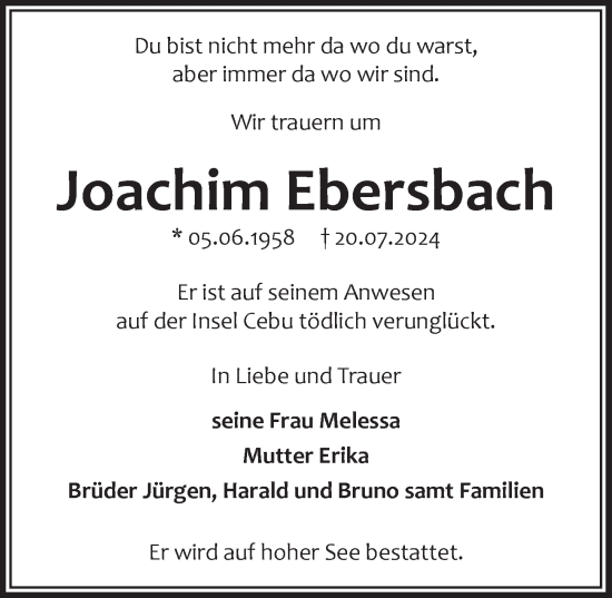 Anzeige von Joachim Ebersbach von  Blickpunkt Euskirchen 