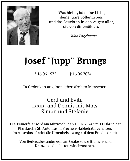 Anzeige von Josef Brungs von Kölner Stadt-Anzeiger / Kölnische Rundschau / Express