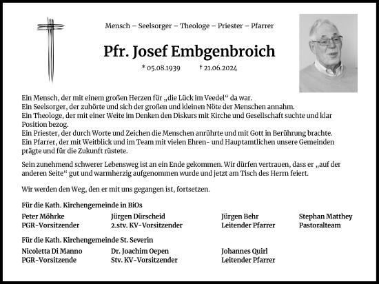 Anzeige von Josef Embgenbroich von Kölner Stadt-Anzeiger / Kölnische Rundschau / Express