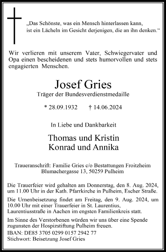Anzeige von Josef Gries von  Wochenende 