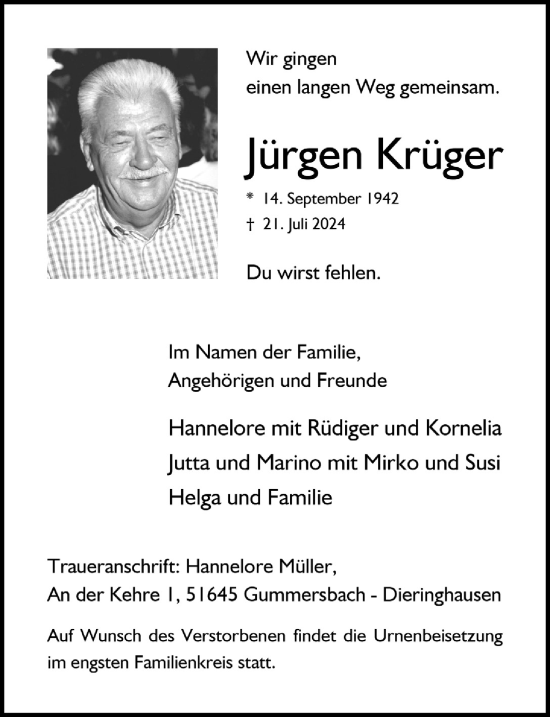 Anzeige von Jürgen Krüger von  Anzeigen Echo 