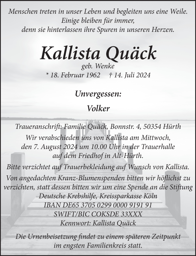  Traueranzeige für Kallista Quäck vom 26.07.2024 aus  Wochenende 