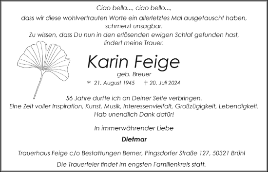 Anzeige von Karin Feige von  Schlossbote/Werbekurier 
