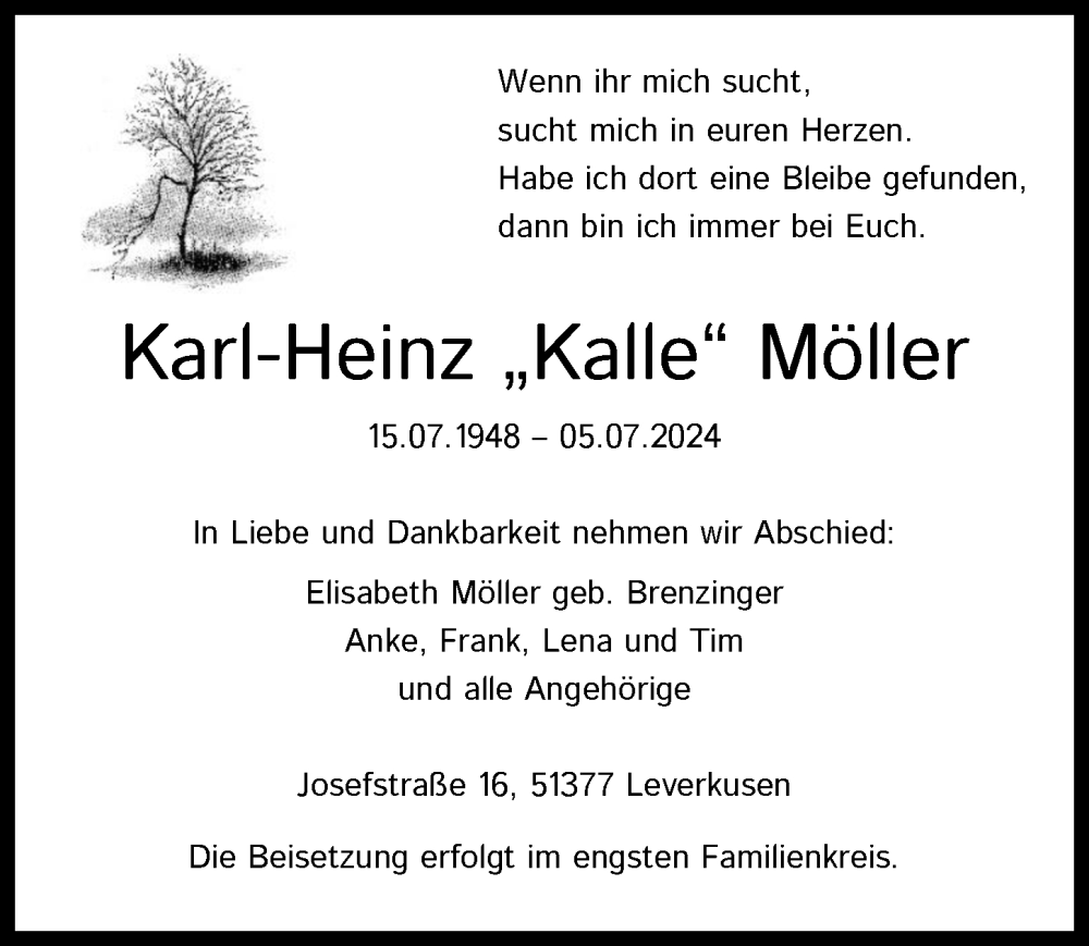  Traueranzeige für Karl-Heinz Möller vom 12.07.2024 aus  Lokale Informationen 