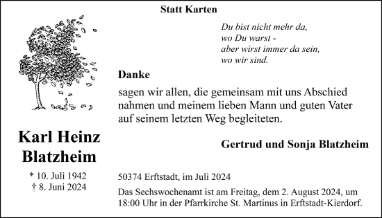 Anzeige von Karl Heinz Blatzheim von  Werbepost 