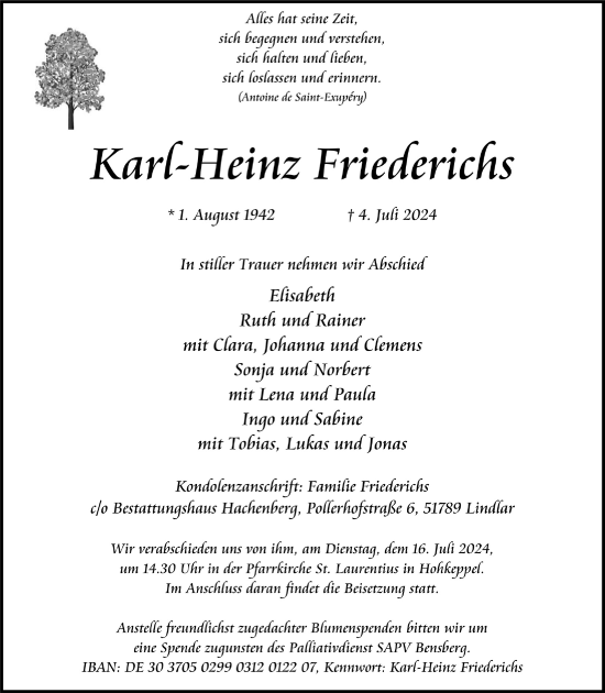 Anzeige von Karl Heinz Friederichs von  Anzeigen Echo 