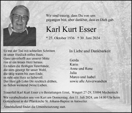 Anzeige von Karl Kurt Esser von  Blickpunkt Euskirchen 