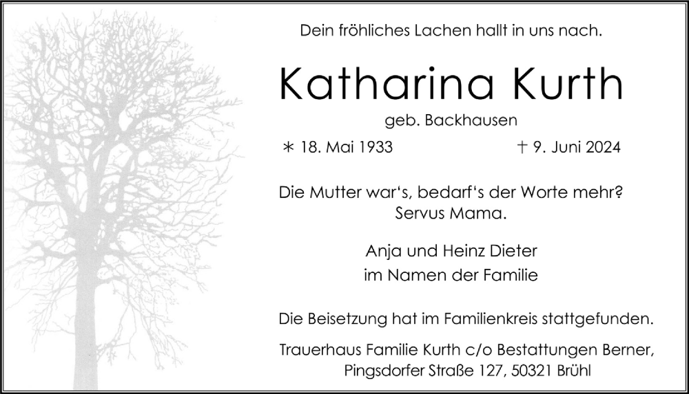  Traueranzeige für Katharina Kurth vom 05.07.2024 aus  Schlossbote/Werbekurier 