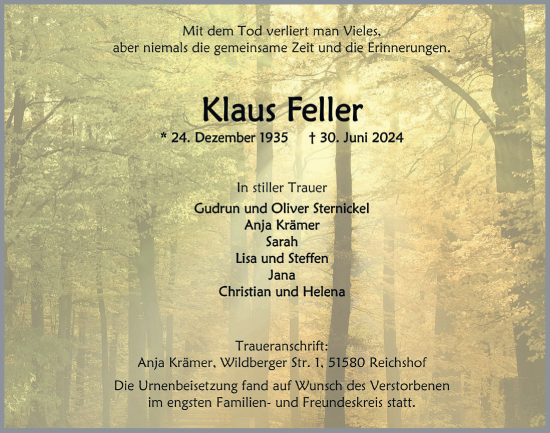 Anzeige von Klaus Feller von  Lokalanzeiger 