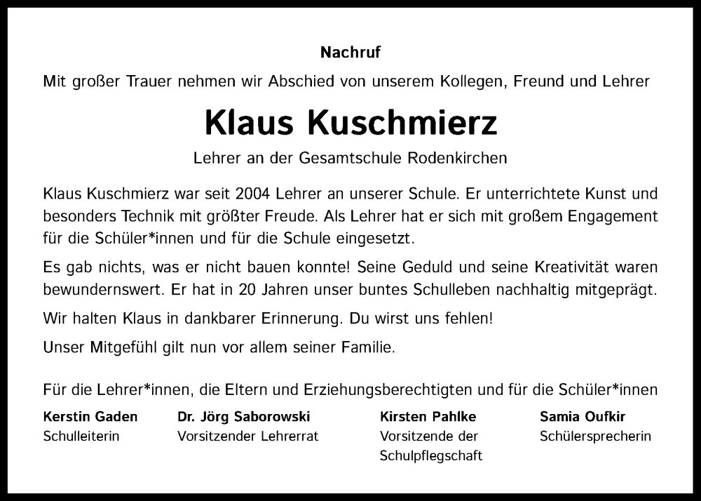  Traueranzeige für Klaus Kuschmierz vom 06.07.2024 aus Kölner Stadt-Anzeiger / Kölnische Rundschau / Express
