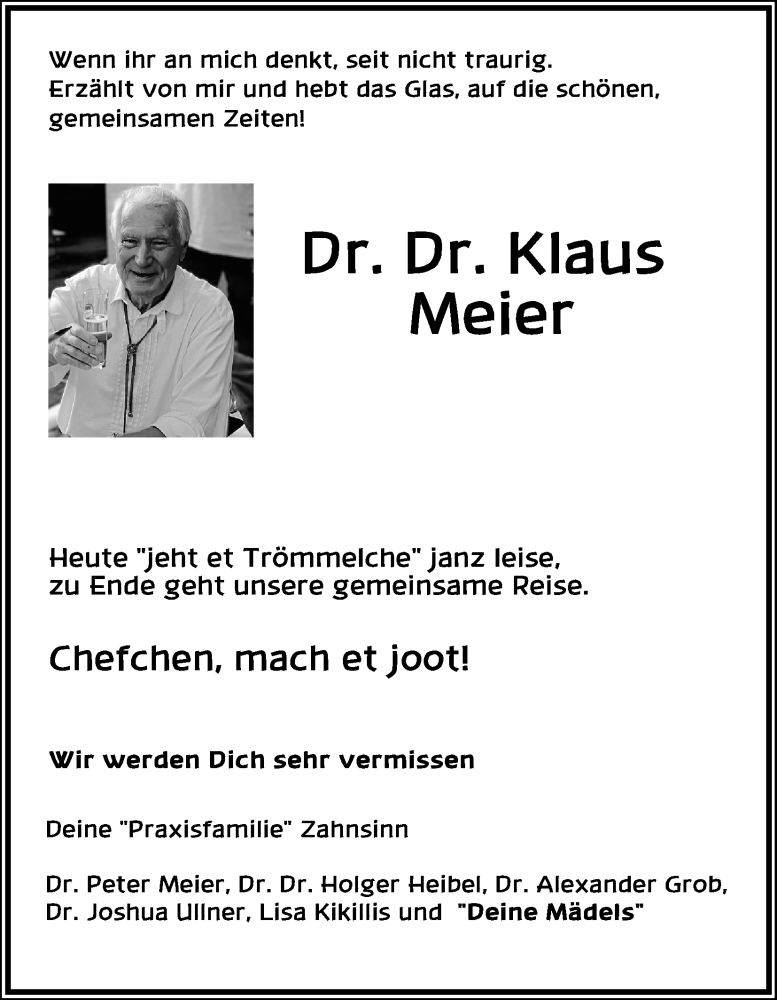  Traueranzeige für Klaus Meier vom 27.07.2024 aus Kölner Stadt-Anzeiger / Kölnische Rundschau / Express