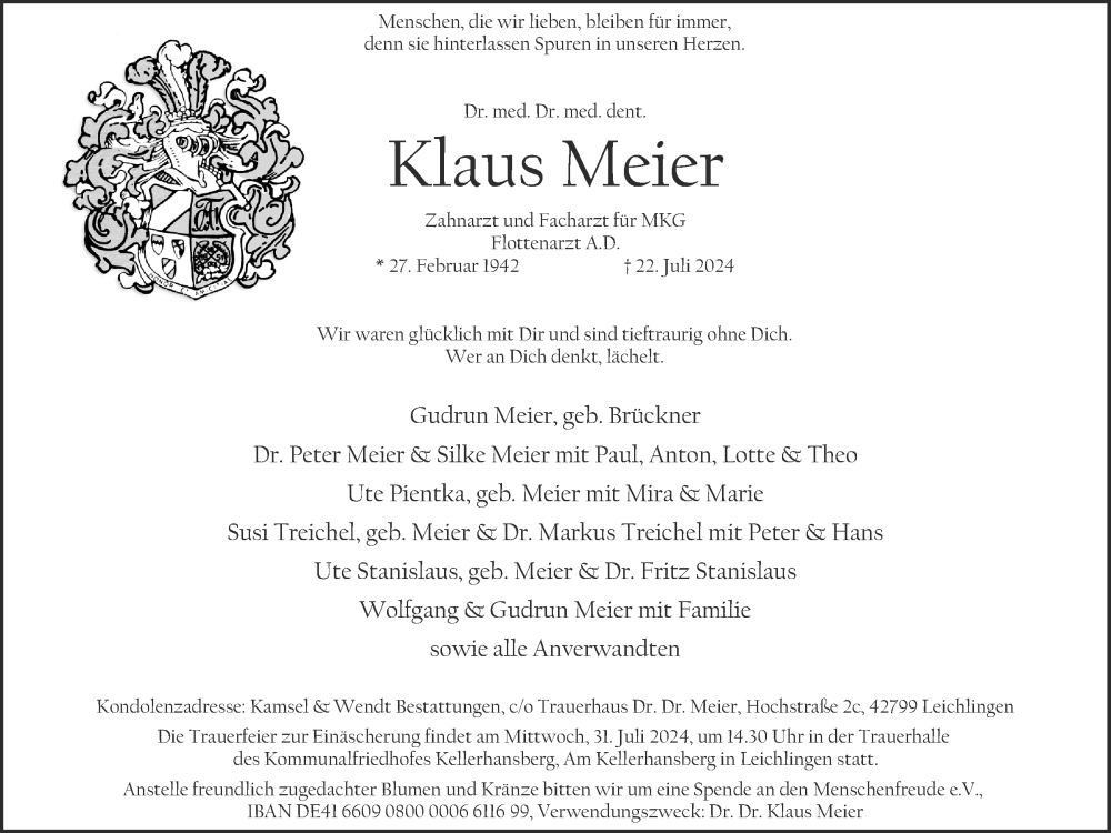  Traueranzeige für Klaus Meier vom 27.07.2024 aus Kölner Stadt-Anzeiger / Kölnische Rundschau / Express