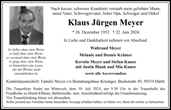 Anzeige von Klaus Jürgen Meyer von  Wochenende 