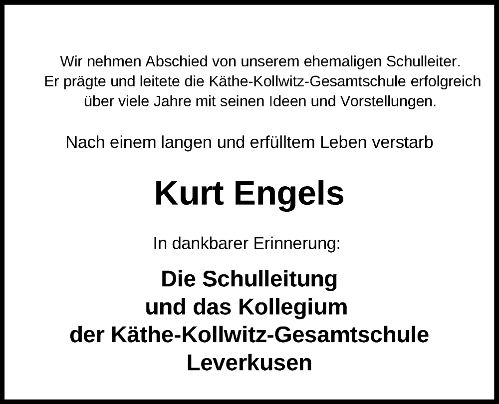  Traueranzeige für Kurt Engels vom 06.07.2024 aus Kölner Stadt-Anzeiger / Kölnische Rundschau / Express