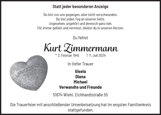Anzeige von Kurt Zimmermann von  Anzeigen Echo 
