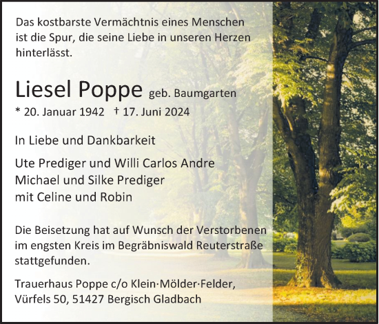 Anzeige von Liesel Poppe von Kölner Stadt-Anzeiger / Kölnische Rundschau / Express