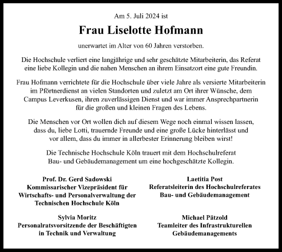 Anzeige von Liselotte Hofmann von Kölner Stadt-Anzeiger / Kölnische Rundschau / Express