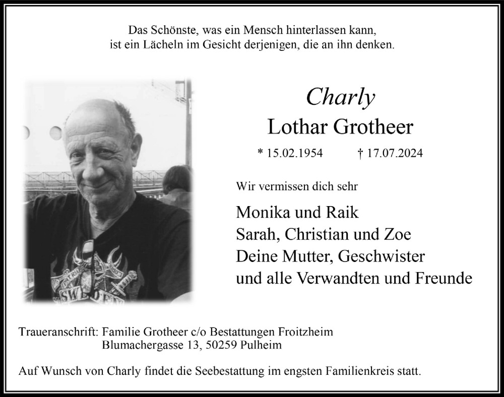  Traueranzeige für Lothar Grotheer vom 26.07.2024 aus  Wochenende 