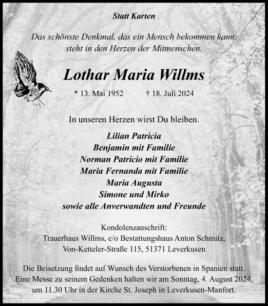 Anzeige von Lothar Maria Willms von Kölner Stadt-Anzeiger / Kölnische Rundschau / Express
