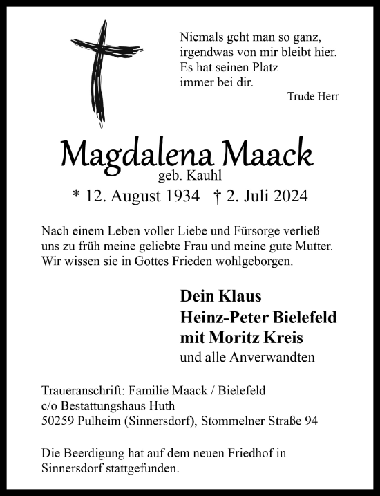Anzeige von Magdalena Maack von  Wochenende 