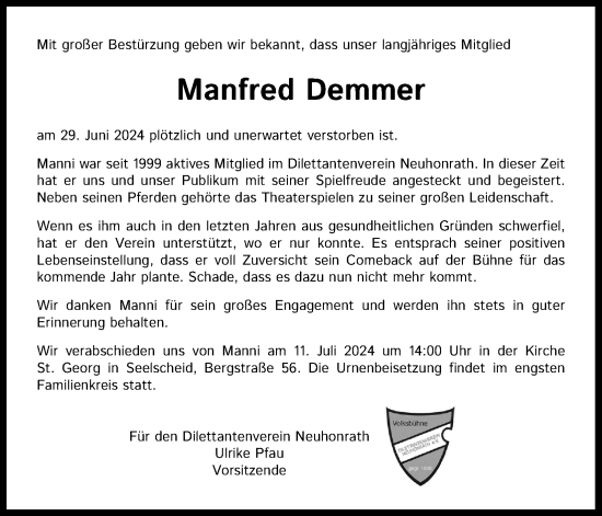 Anzeige von Manfred Demmer von Kölner Stadt-Anzeiger / Kölnische Rundschau / Express