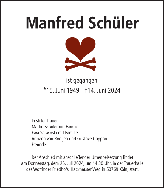 Anzeige von Manfred Schüler von Kölner Stadt-Anzeiger / Kölnische Rundschau / Express