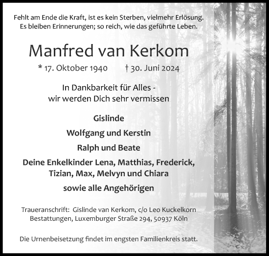 Anzeige von Manfred van Kerkom von Kölner Stadt-Anzeiger / Kölnische Rundschau / Express