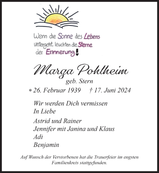 Anzeige von Marga Pohlheim von  Bergisches Handelsblatt 