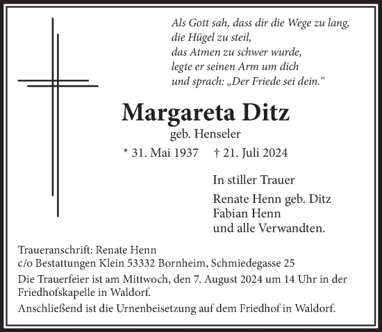 Anzeige von Margareta Ditz von  Schaufenster/Blickpunkt 