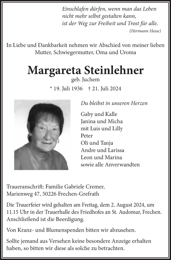 Anzeige von Margareta Steinlehner von  Wochenende 