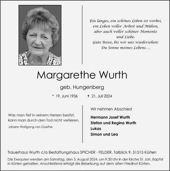 Anzeige von Margarethe Wurth von  Bergisches Handelsblatt 