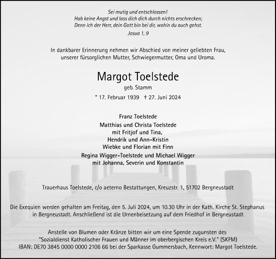 Anzeige von Margot Toelstede von Kölner Stadt-Anzeiger / Kölnische Rundschau / Express