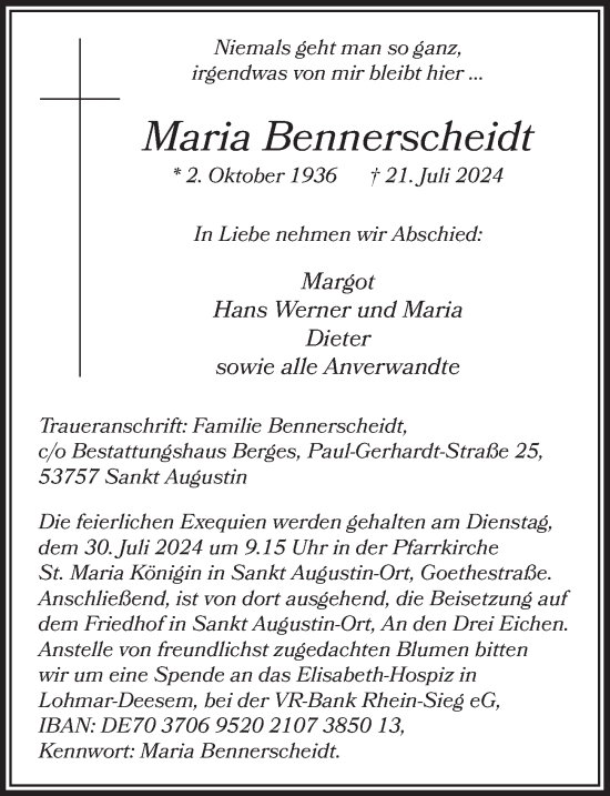 Anzeige von Maria Bennerscheidt von  Extra Blatt 
